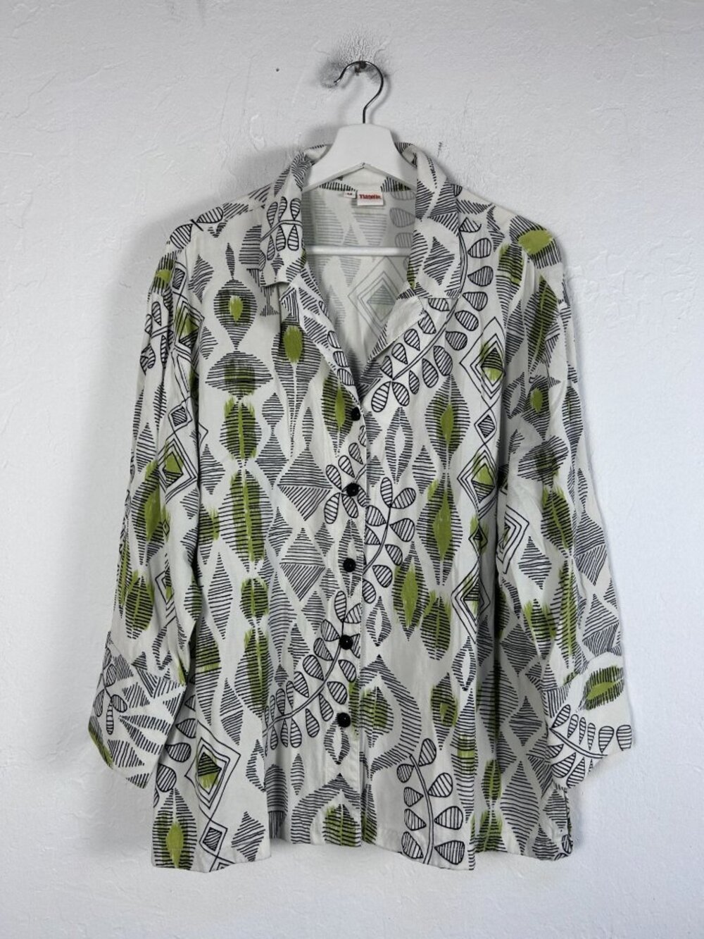 Tianello Womens Geometric Print Button-Down Aida Blouse Top Medium White/Green